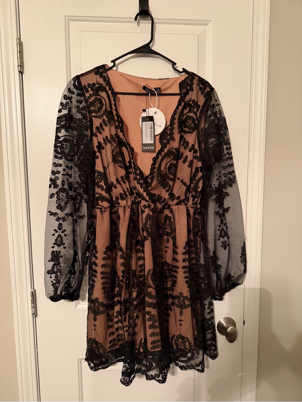 Boohoo Black Lace Overlay Tan Long Sleeve Mini Dress